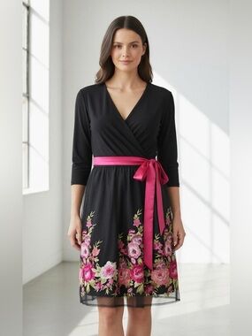 Leslie Fey Formal Black Midi Wrap Dress with Hot Pink Sash and Floral Embroidery